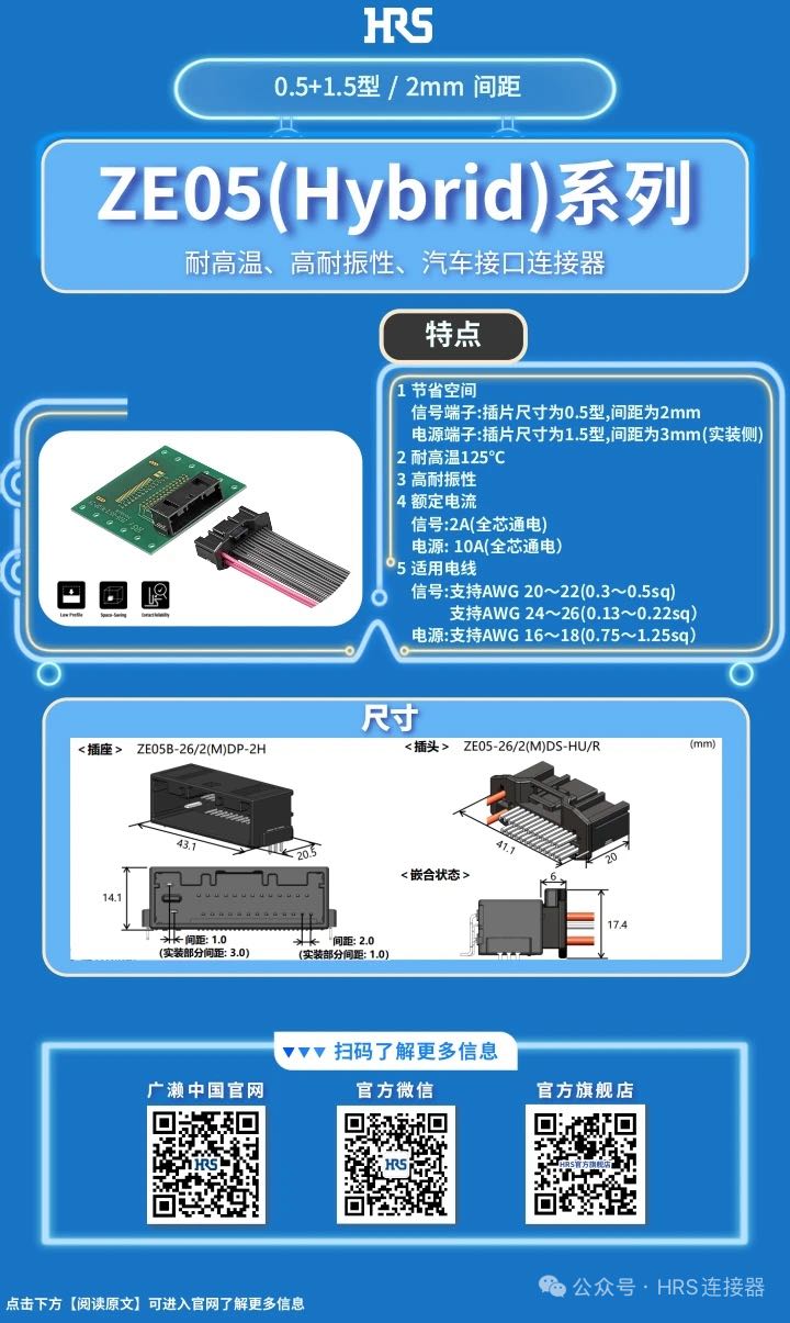 【產(chǎn)品推薦】耐高溫、高耐振性、汽車接口、電源信號混合型連接器ZE05系列